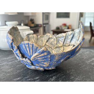 Studio Pottery Seashell Bowl Dish Sculpture 9” x 7" Blue Cream Beach House Decor